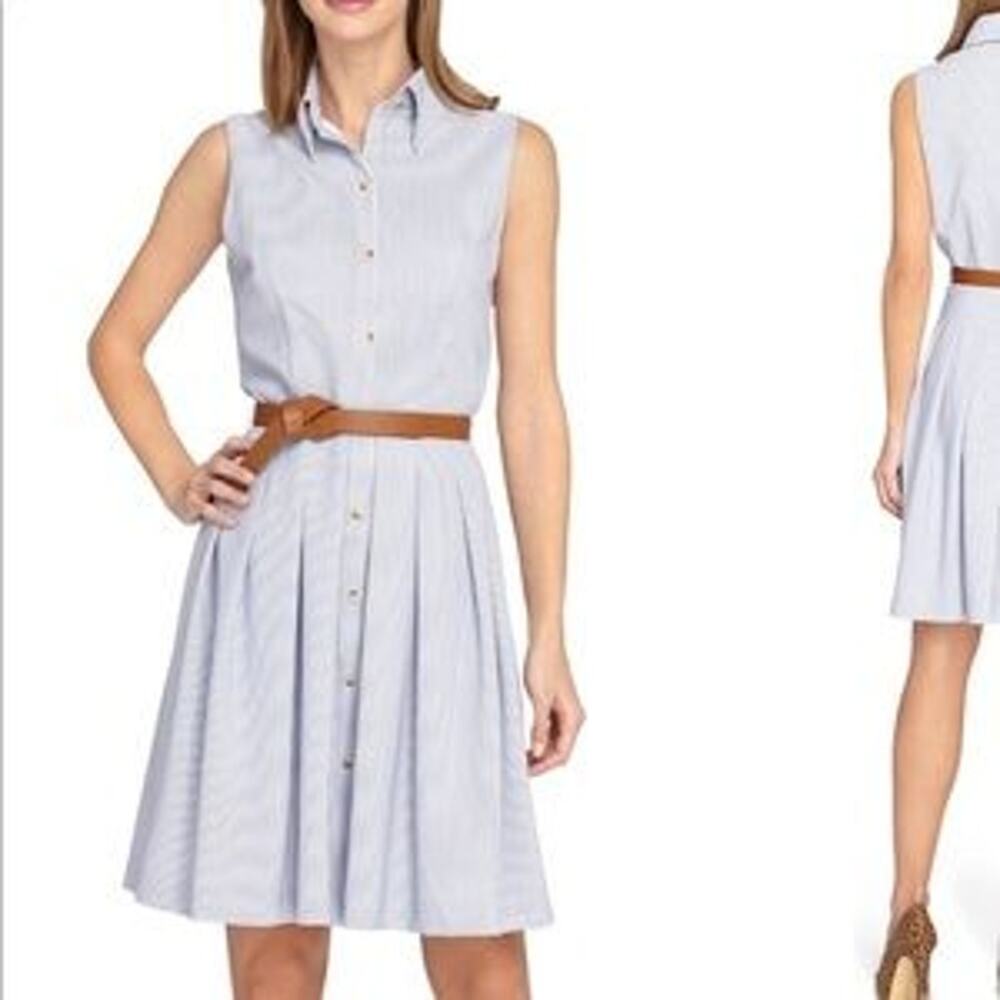 Tahari NWOT Blue White‎ Pinstripe Sleeveless Collared Belted Shirt Dress Size 16